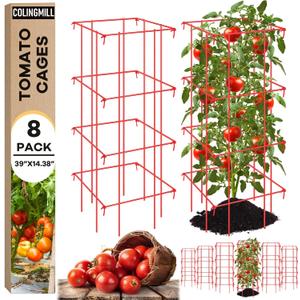8 Pack Tomato Cages 39 Inch (H) Heavy Duty Square Tomato Cages Powder Coated Steel Plants Support Garden Trellis Stakes for Cucumber, Peas, Vegetables Climbing Plants