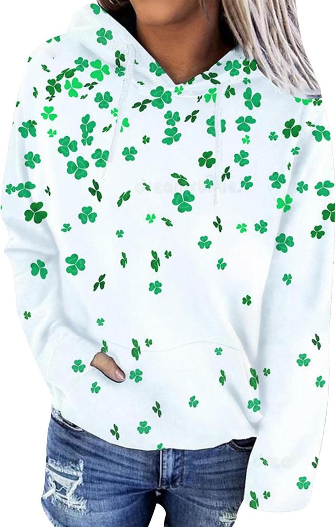 Women's St Patrick's Day Loose Sweatshirt pullover Clover Print Casual Irish Pullover tops (White)