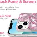 NITITOP Compatible for iPhone 14 Plus / 15 Plus Case Cute Flower Floral Leave for Women Girl Glitter Shiny Feather Yarn Style Aesthetic Shockproof Hard Protective Phone Cover - Pink