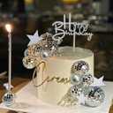 40Pcs Disco Ball Cake Toppers Silver Balls Cake Decorations with Silver Mirror Balls Happy Birthday Cake Topper Star Cake Toppers for 70s 80s 90s Disco Music Dance Themed Party Decorations Supplies