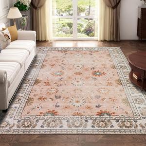 Vintage Machine Washable Area Rug 5x7 Pink/Multi Low-Pile Indoor Floral Print Carpet Non Slip Printed Vintage Boho Rug for Living Room