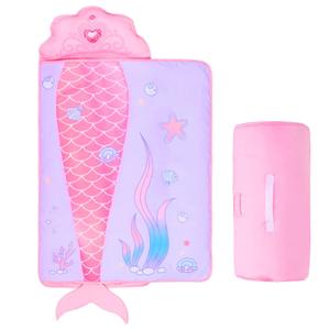 GOPHRALOVE Mermaid Nap Mats for Preschool with Removable Pillow and Blanket Kids Sleeping Bag with Pillow Reinforced Stitching Machine-Washable, Soft Nap Mats for Daycare, Travel, Camping 53"x21" (Purple)
