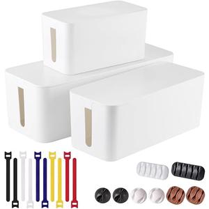 3 Pack Cable Management Box with 18 PCS Cable Management Set  Large & Medium & Small Cable Organizer Box to Hide Wires & Power Strips | TV Cord Organizer Box | for Home & Office, White