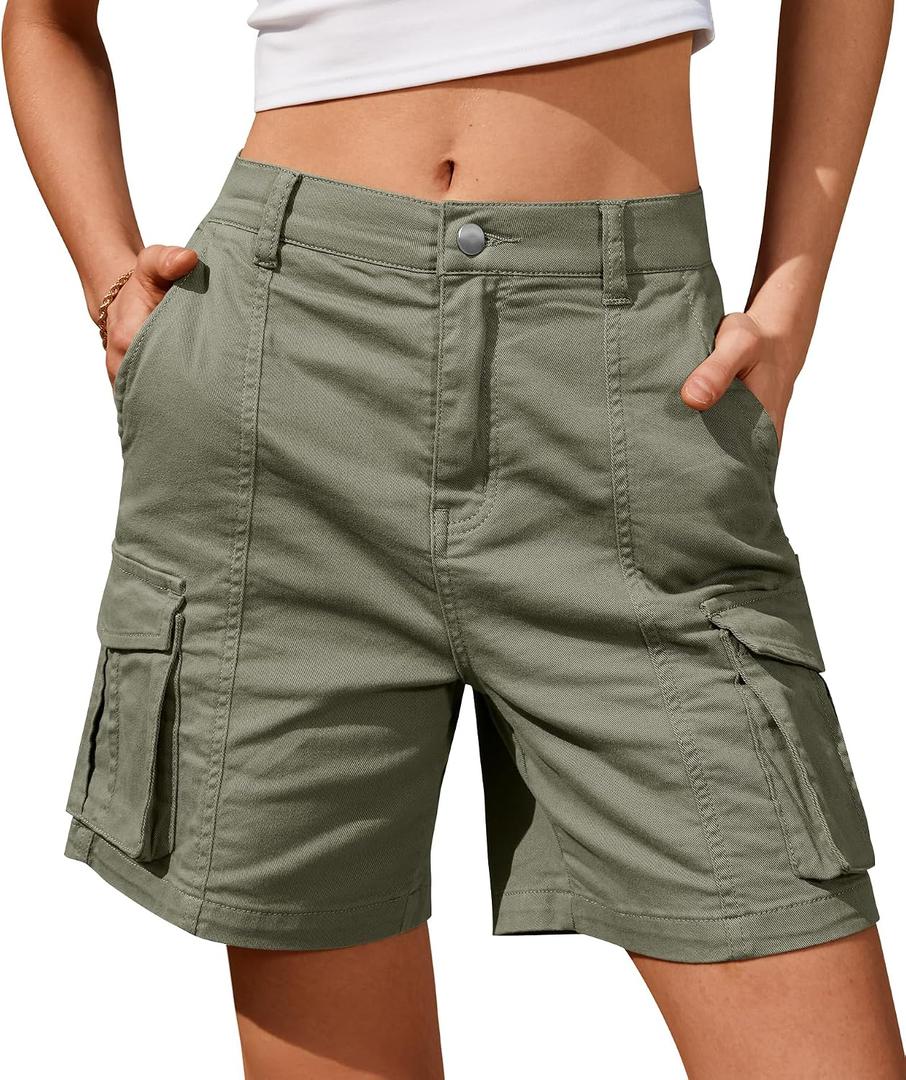 IVIR Bermuda Shorts for Women Cargo Shorts Knee Length 6 Pockets Elastic Waist Long Shorts for Summer Casual (Green, XL)