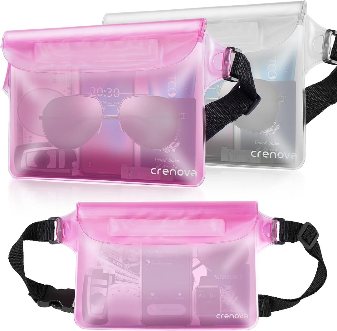 Waterproof Fanny Packs for Women, Sandproof Dry Bag for Beach, Water proof Pouch for Phone Passport Purse, Floating Waterproof Bags for Cruise Travel Water Park Boating Fishing Diving Surfing Kayaking (Pink & Clear)