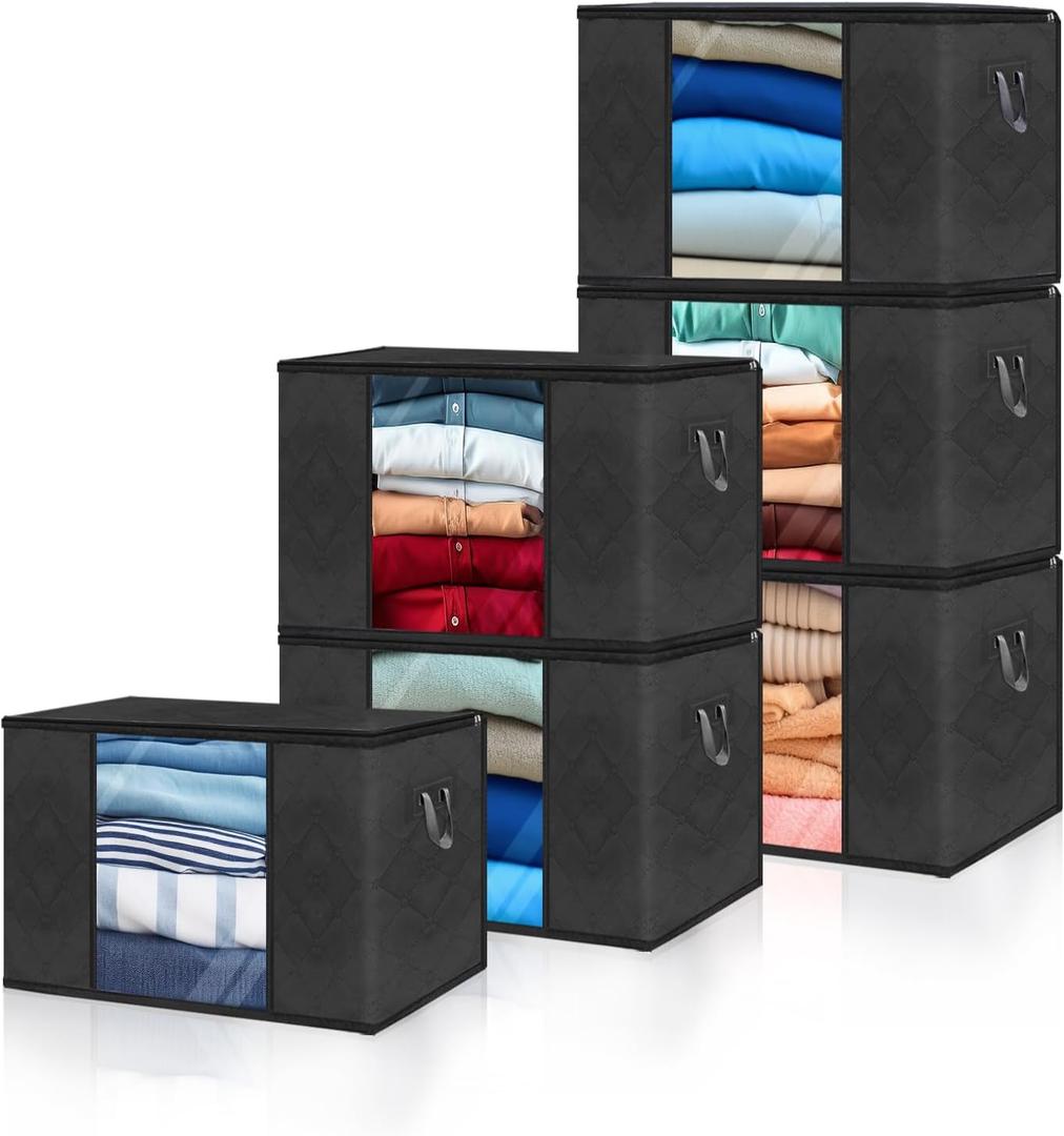 Clothes Storage Bags, Closet Organizers and Storage Containers for Clothes, Bedding & Blankets, Foldable Bedroom Organization Solution with Window, Handles & Zippers - 6 Pack,Black