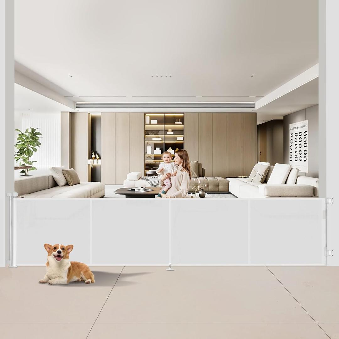 Upgraded 200 inch Retractable Baby Gates Extra Wide with Reinforced Strip Design to Prevent Crawling Through, 42" Extra Tall Outdoor Retractable Gates, 16 FT Retractable Garage Gate (White)