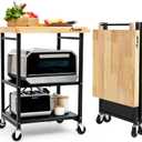 PLKOW Foldable Kitchen Cart with Solild Oak Wood Top, Rolling Kitchen Island on Wheels, 3-Tier Storage Utility Cart for Microwave, Toaster Oven, Small Spaces, 25.39 x 19.6 x 35.83 inches