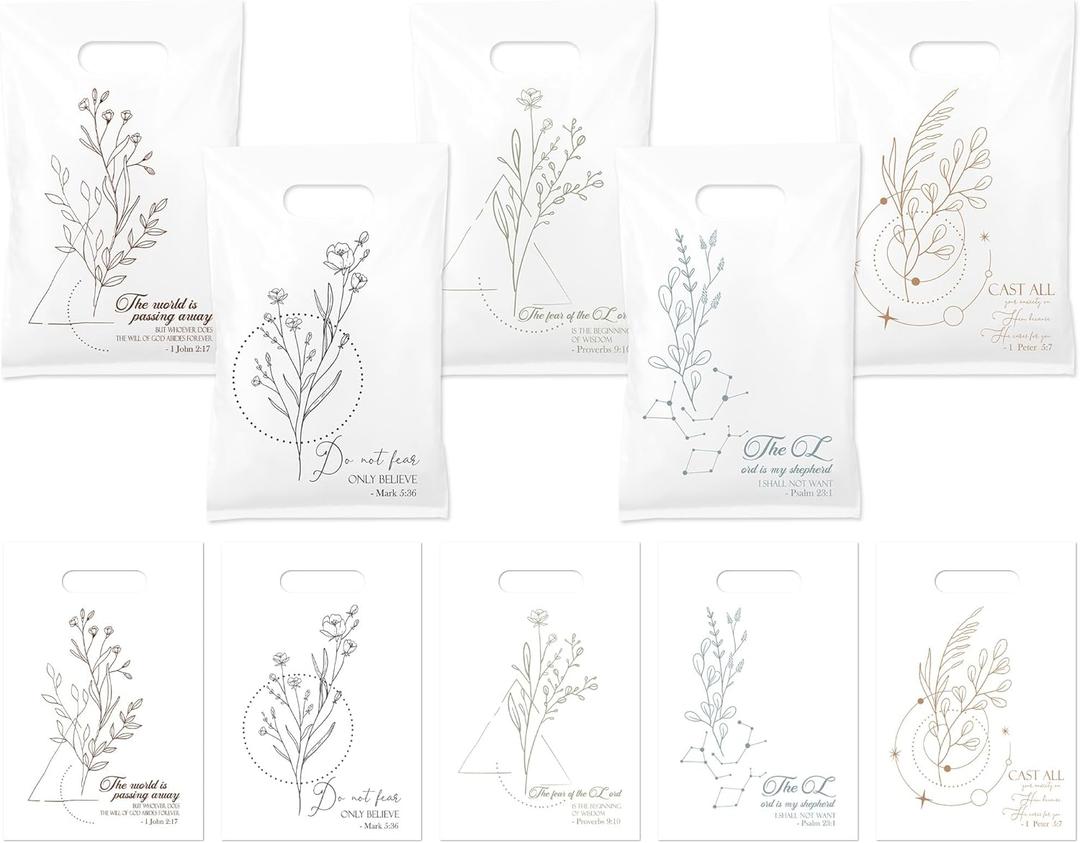 2 x party greeting 100Pcs Church Gift Bag Religious Christian Plastic Goody Bags with Handle Bible Verse Religious Treat Bags Church Party Supplies for Birthday First Communion Present Wrapping,5 Design