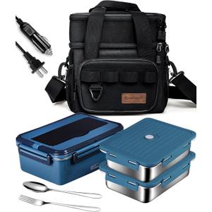 Electric Lunch Box Food Heater 80W Portable Food Warmer with 1.8L Stainless Steel Container for Car Truck Home Work Adults,12V 24V 110V Loncheras Electricas para Calentar Almuerzo (Blue+2 liner+11L bag)