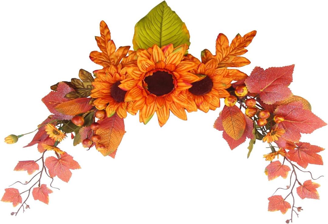 Fall Swag Artificial Flowers for Autumn Decoration Orange Artificial Sunflowers Maple Leaf Hanging Floral Swag Wedding Arch Garland Wreath for Front Door Wall Decor Halloween Thanksgiving