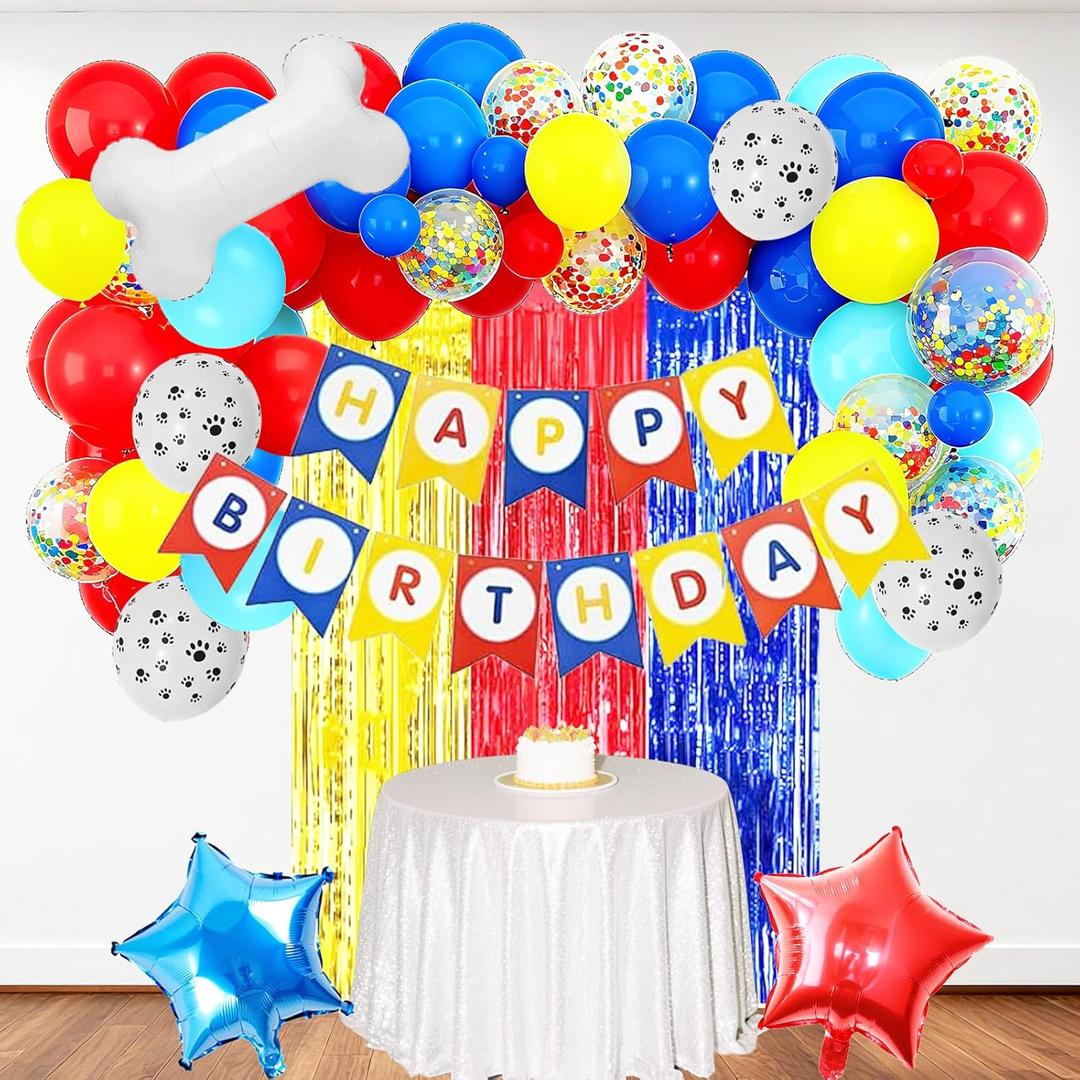 2 x Red Yellow Blue Birthday Decorations for Boys Girls, 46Pcs Balloons Garland Arch Kit with Foil Balloons Banner Fringe Curtain for Baby Shower Themed Birthday Party Decorations