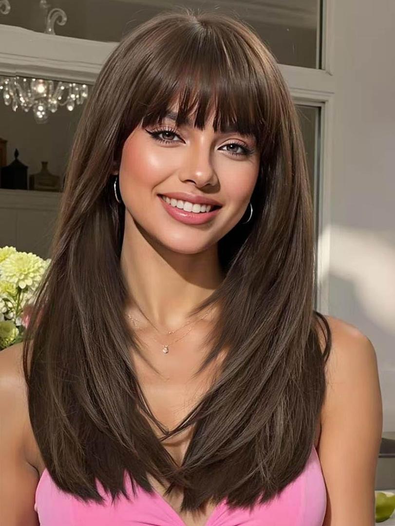 AISI HAIR Beginner Friendly Wigs Brown Wig with Bangs for Women, Middle Length NaturalLayered Straight Wig for Daily Party (20 Inch)