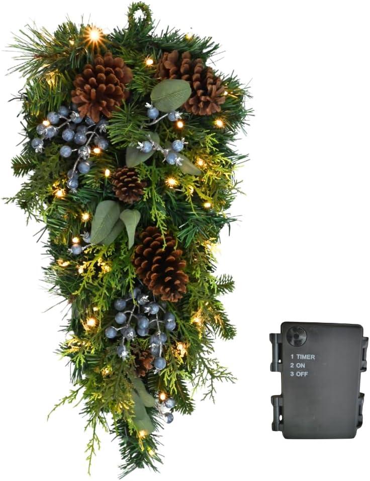 Sunny Bay Atelier- Prelit 26" Holiday Teardrop Swag  Lifelike Mixed Artificial Pine & Cedar with Blueberries and Battery-Operated 35 Color Changing LED Light (Battery Operated)