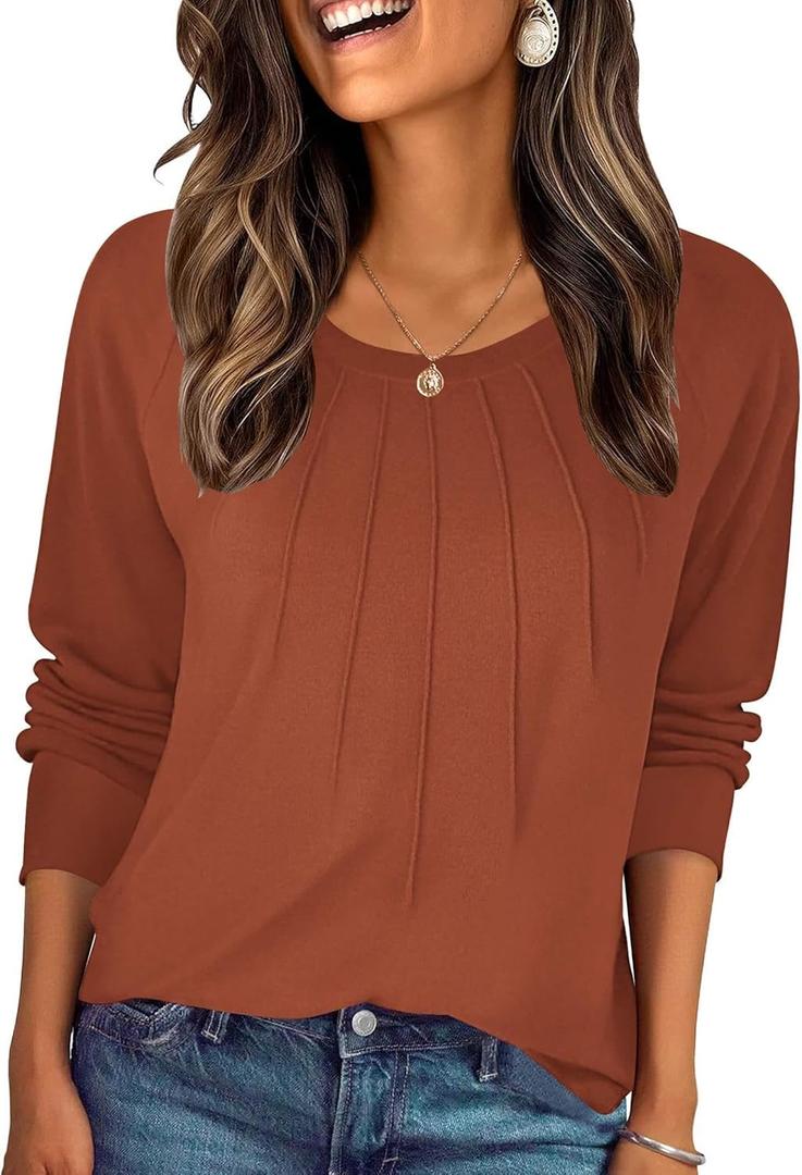 Zeagoo Fall Tops for Women Long Sleeve Shirts Casual Cotton Blouses 2025 Dressy Pleated Tunics (Medium, Caramel)