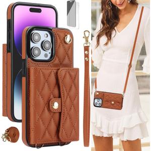 6.7" Crossbody Wallet Case for iPhone14 Pro Lanyard Crossbody/Wrist Strap, RFID Blocking, Women PU Leather Purse Kickstand RE-C (Brown, iPhone 14 Pro)