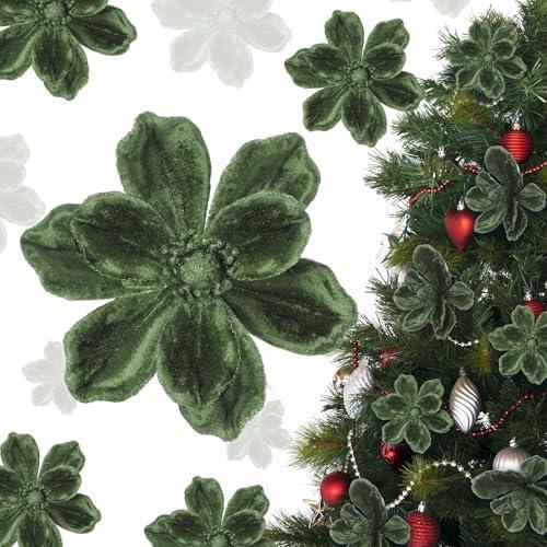 Maysing 20 Pcs Christmas Velvet Poinsettia Flowers Ornaments 6.3Inch Glitter Artificial Magnolia Flower Christmas Tree Ornament with Stem for Xmas Tree Decorations Wedding Decor Suppliy (Forest Green)