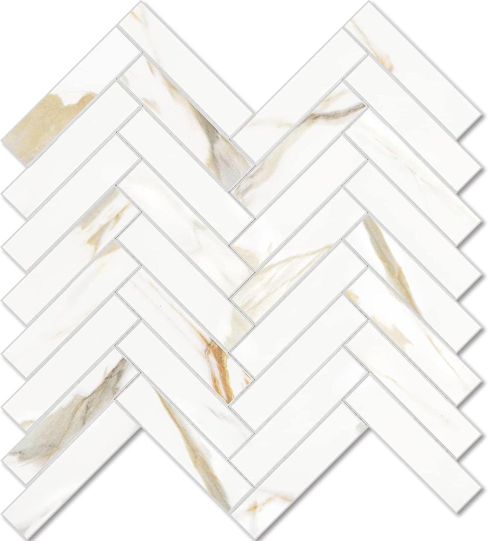 Vamos Tile Herringbone Peel and Stick Backsplash Tile - 10 Sheets Calacatta Gold PVC Self Adhesive Tiles Stick on Wall Tile for Kitchen, Bathroom and Fireplace