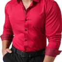 JOGAL Men's Dress Shirts Regular Fit Long Sleeve Stretch Business Wedding Button Down Shirts (Red, L)