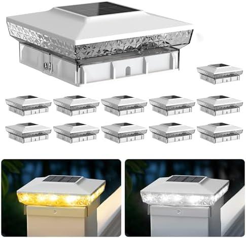 KEILAIMO Solar Post Cap Lights, 12-Pack Upgraded Outdoor Deck Fence Post Solar Lights for 4x4 5x5 Wood/Vinyl Posts, IP65 Waterproof, 10-12 Hours Warm/Cool White Glow for Garden/Patio/Porch - White
