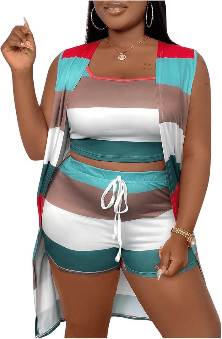 SHENHE Women's Plus Size 3 Piece Outfits Colorblock Striped Tank Top and Shorts Set with Cardigan (X-Large, Green) SHENHE Women's Plus Size 3 Piece Outfits Colorblock Striped Tank Top and Shorts Set with Cardigan (X-Large, Green)