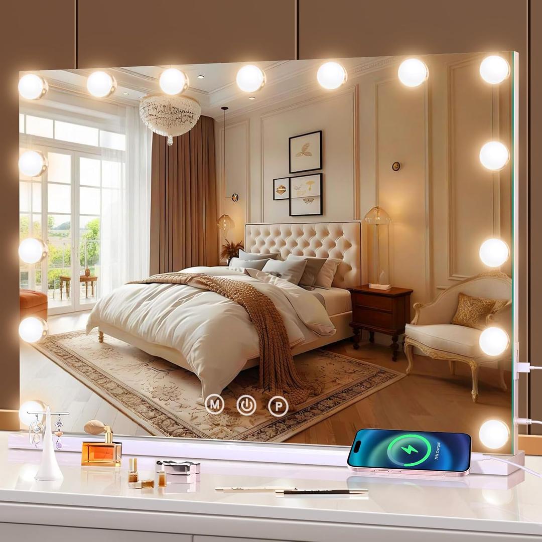 Vanity Makeup Mirror with Lights, Light Up Mirror with Smart Touch 3 Colors Dimmable, Tabletop or Wall-Mounted, Memory Function (19"L x 22.8"W, White)