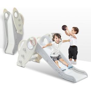 Onasti Kids Slide for Toddlers Age 1-3 Indoor Baby Plastic Slide Outdoor Climber Freestanding Playset with Basketball Hoop & Ring Game Grey