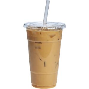 GUSTO Clear Plastic Cups with Flat Lids [24 oz - 100 Count] - Disposable Iced Coffee Cups with Lids - PET Plastic Cold Cups for Smoothies, Juices & To-Go Drinks - Formerly Comfy Package