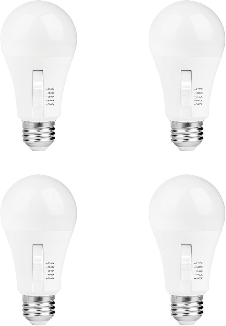 LUNO A19 Dimmable LED Bulb, 15W (100W Equivalent), 1600 Lumens, Color Selectable, 2700K, 3000K, 3500K, 4000K, 5000K, 5CCT, UL Listed (4-Pack)