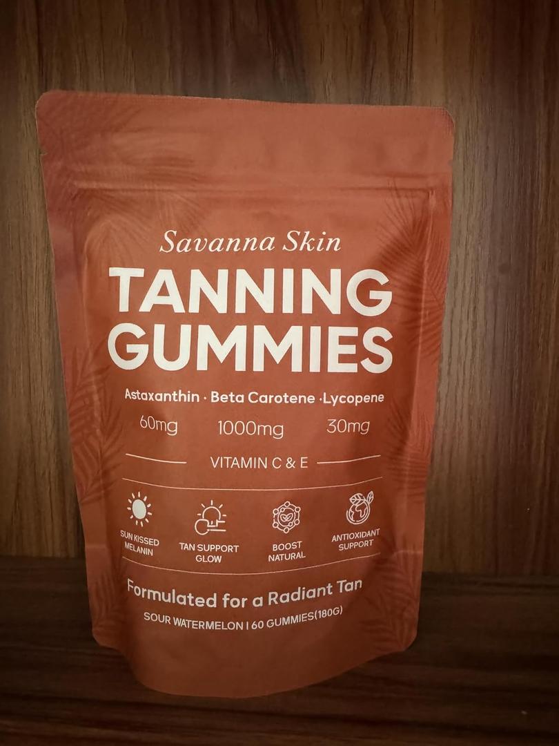 Savanna Skin Tanning Gummies, with Vitamin C & E, Astaxanthin, Beta Carotene & Lycopene Blend, Natural Looking Glow, Bronzing, Radiant Healthy Skin, Non-GMO, Vegan & Sugar-Free, 60 Gummies