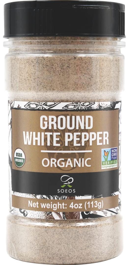 Soeos Organic White Pepper Ground, 4 Ounce, Non-GMO, Freshly Peppercorn Powder Bulk, Packed To Keep Peppers Fresh, Ground White Pepper (EXP 06/08/26)