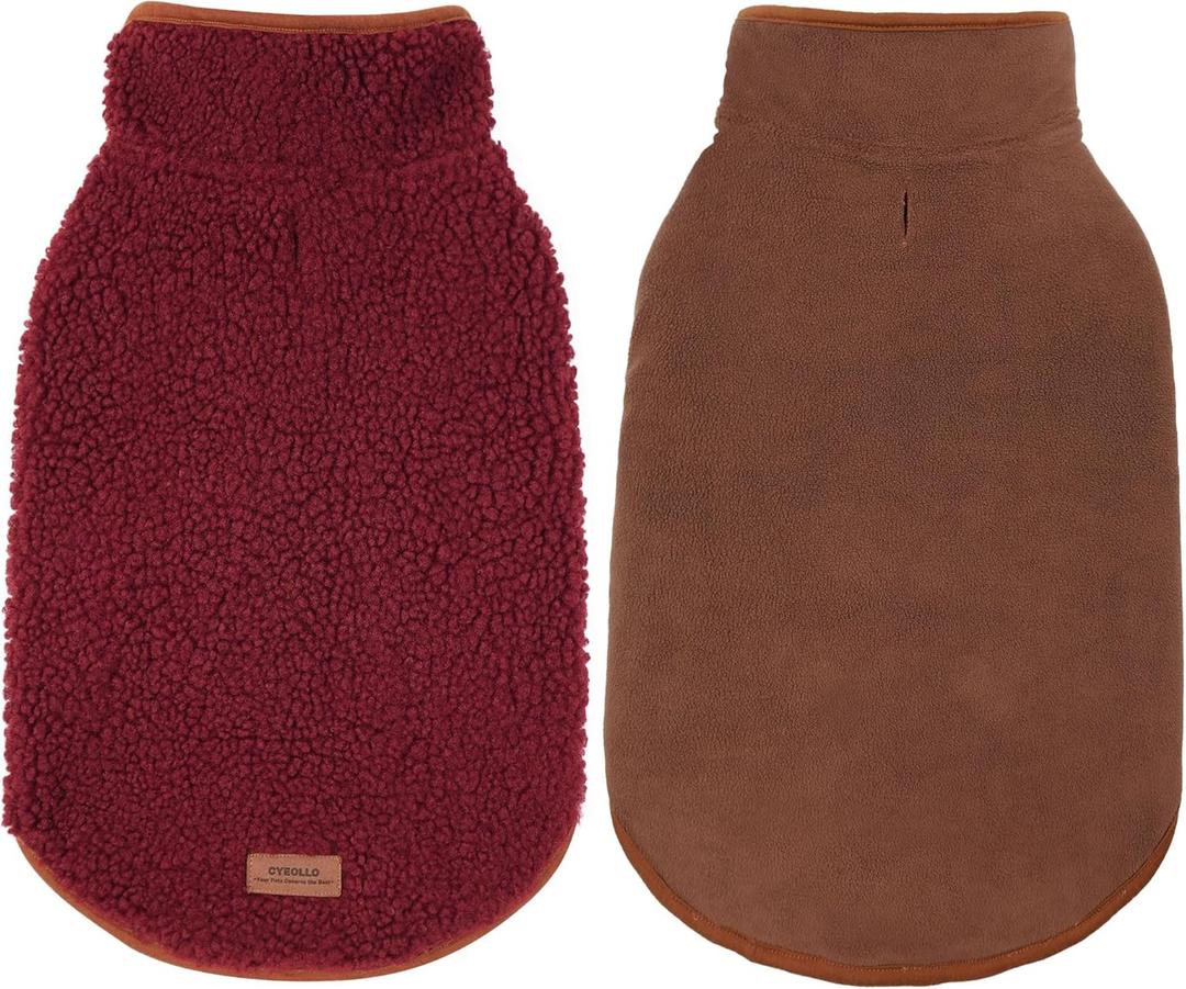 cyeollo Warm Dog Coat Fleece Sherpa Winter Sweater Coats, Turtleneck Dog Jacket Vest for Small Medium Large Dogs with Leash Hole, Soft Reversible Pet Coats for Cold Weather, Burgundy, L