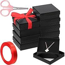 Tanstic 12Pcs Cardboard Jewelry Gift Boxes Kit, 3.5 x 3.5 x 1.2 Inch Beige Gift Boxes Cardboard Jewelry Boxes with 74ft Red Ribbon and Scissor for Rings, Necklaces, Earrings, Bracelets