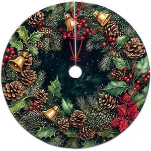 Christmas Tree Skirt 30 inch, Pinecones Bells Red Berries Holly Xmas Tree Skirt for Home Party Holiday Indoor Outdoor Decorations