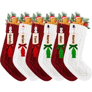 6 Pack Christmas Stockings 18 Inch Cable Knit Stockings with Personalized Snowman Name Tags, Red and White Large Xmas Hanging Stockings with Velvet Bows for Fireplace Mantel Holiday Family Decor