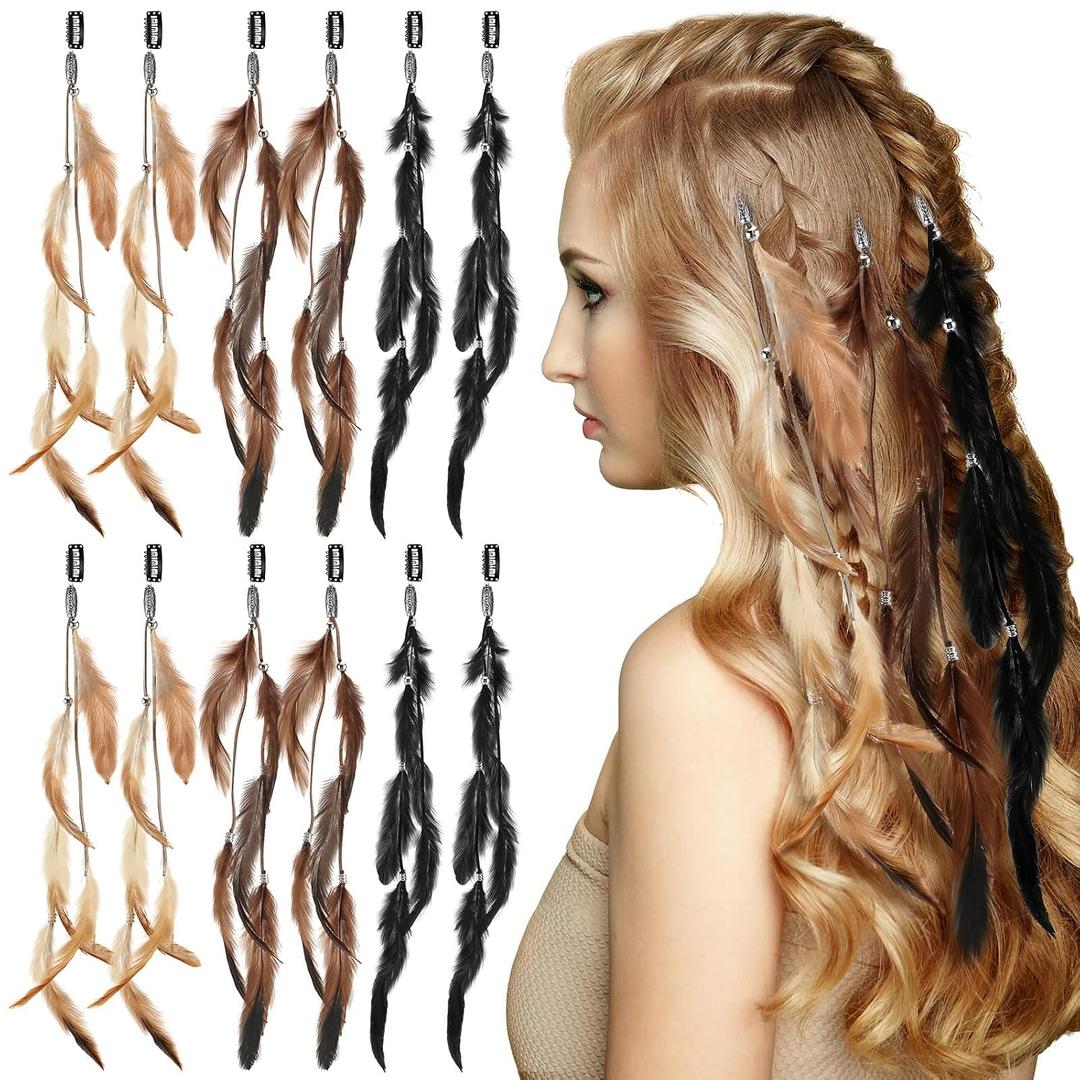 Geyoga 12 Pcs Clip in Hair Feathers with Beads, Boho Feather Hair Clips for Women, Rave Music Festival Accessories for Halloween Costume, Carnival Party (Brown,Black,Dark Coffee,Long)