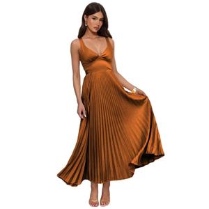 Pleated Satin Bridesmaid Dress V-Neck Formal Party Dresses for Women, Size 10