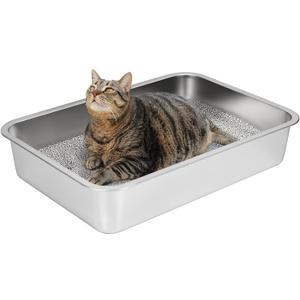 IKITCHEN Stainless Steel Cat Litter Box, Large Metal Litter Box for Cats, Never Absorbs Odors,Stain Free, Rustproof, Non Stick Smooth Surface, Anti-Slip Rubber Bottom, 23.5" L x 15.5" W x 4" H