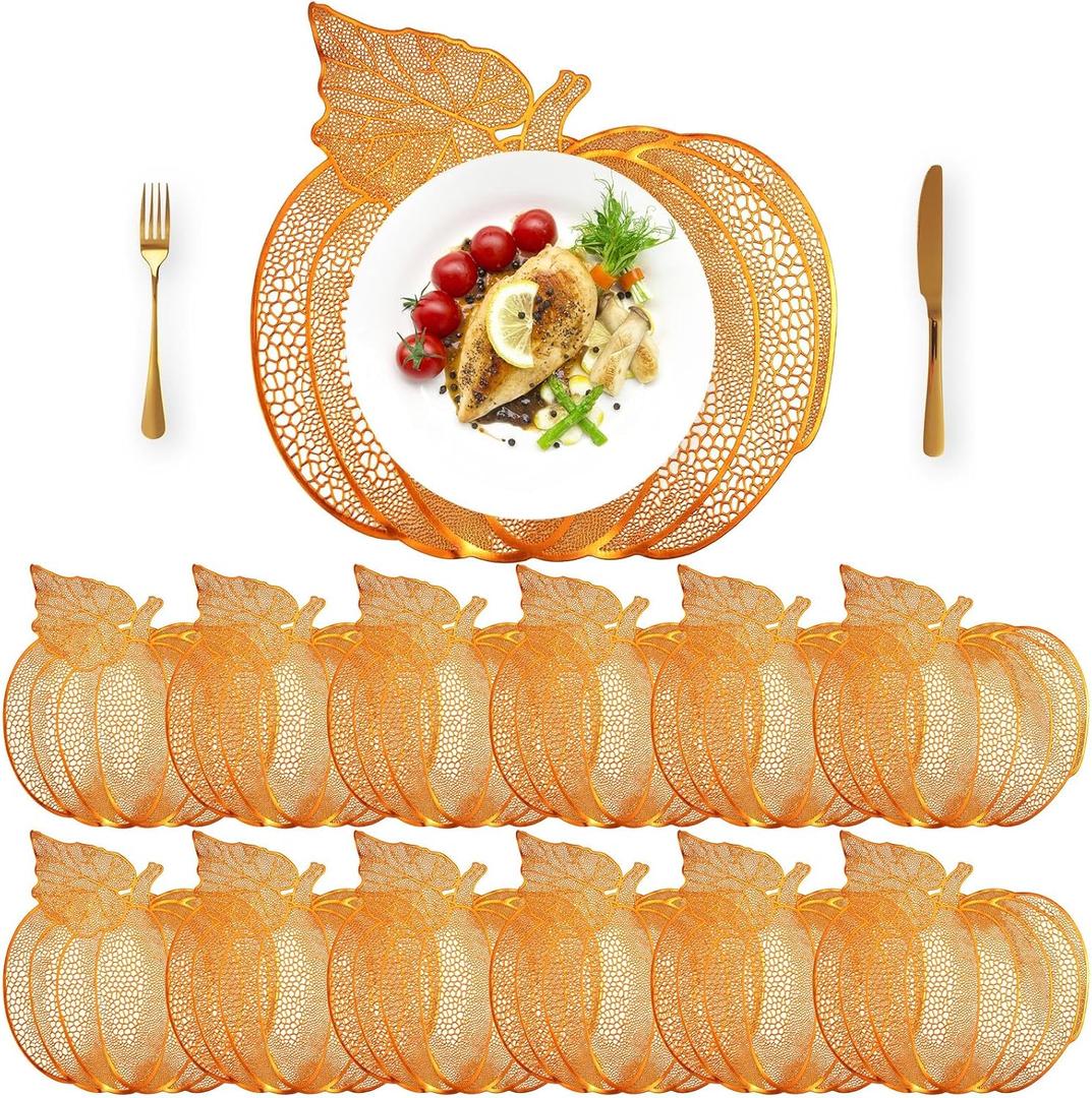 Sliner 12 Pack Thanksgiving Pumpkin Placemats 17 x 16 Inch Vinyl Metallic Pressed Fall Autumn Table Mat Decorations Farmhouse Harvest Pumpkins Round Placemats for Party Kitchen Dinning (Bronze)