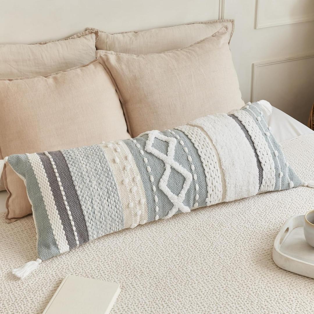 Decorative Boho Lumbar Pillow Cover 14x36  Beautiful Throw Pillow with Soft Texture for Bed, Couch Decor or as Body Cushion  A Stylish Addition to Your Bedroom (Blue)