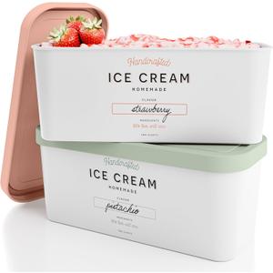 ZICOTO Set of 2 Reusable Ice Cream Tub Containers 2 Quart Each - Perfect for Homemade Sorbet, Frozen Yogurt Or Gelato - Stackable Storage Containers, Stickers And Lids Stores Easily In Freezer