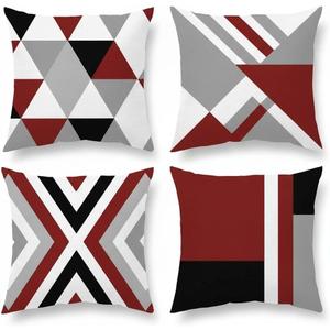 Burgundy and Gray Geometric Throw Pillow Covers 18x18 Inch Set of 4,Modern Geometric Abstract White Linen Decorative Pillowcases for Couch, Sofa, Living Room, Farmhouse Home Decor