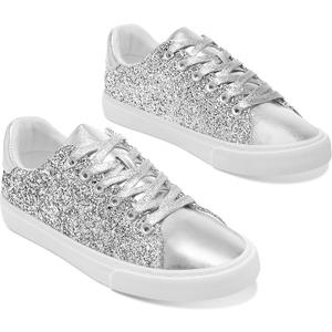 AISFAES Glitter Sparkly Low Top Sequins Lace Up Tennis Shoes Comfort Bling Fashion Shiny Walking Shoes (8 Women/6.5 Men)