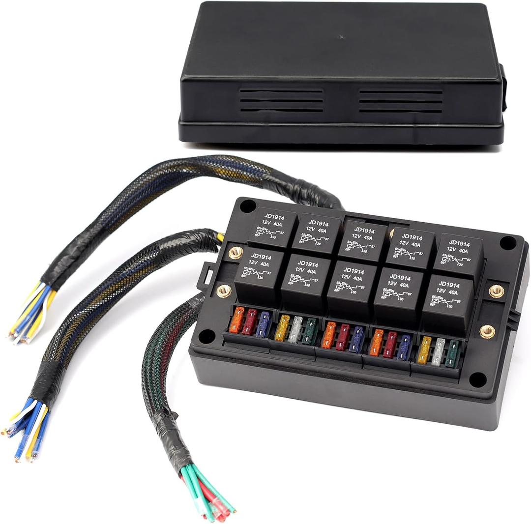 15 Slots Fuse Relay Box 12V Automotive, Fuse Relay Block Pre-Wired, 10 Way Relay Panel, Universal Waterproof Relay Box ATC/ATO Fuse Holder, Fuse Block and Relay Kit for Auto Car Truck Marine Boat