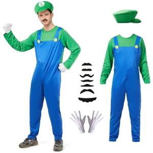 Sohaleway Halloween Costume Men Adult,Plumber Jumpsuit Cosplay Costume with Hat Gloves Moustache Accessories Set Medium