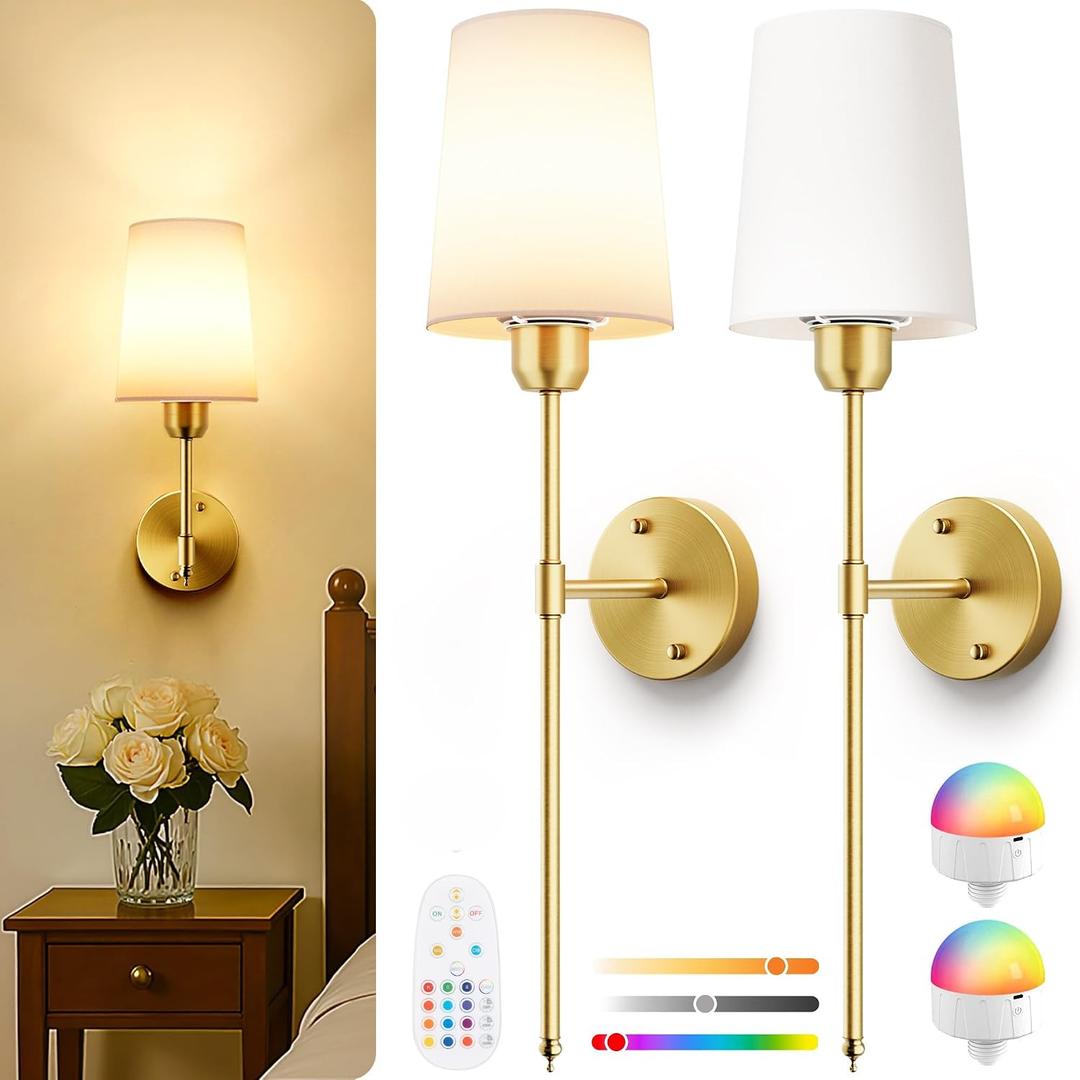 Battery Operated Wall Sconces Set of 2, Bronze Cordless Wall Lights with Rechargeable Magnetic Bulbs and Remote, Dimmable & 15 RGB Colors Wall Lamps for Bedroom Living Room Hallway 23Inch