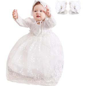 Baby Girl Baptism Dress 3PCS Infant Embroidered Christening Formal Gowns Outfit for Party Wedding (0-6 Months, White)