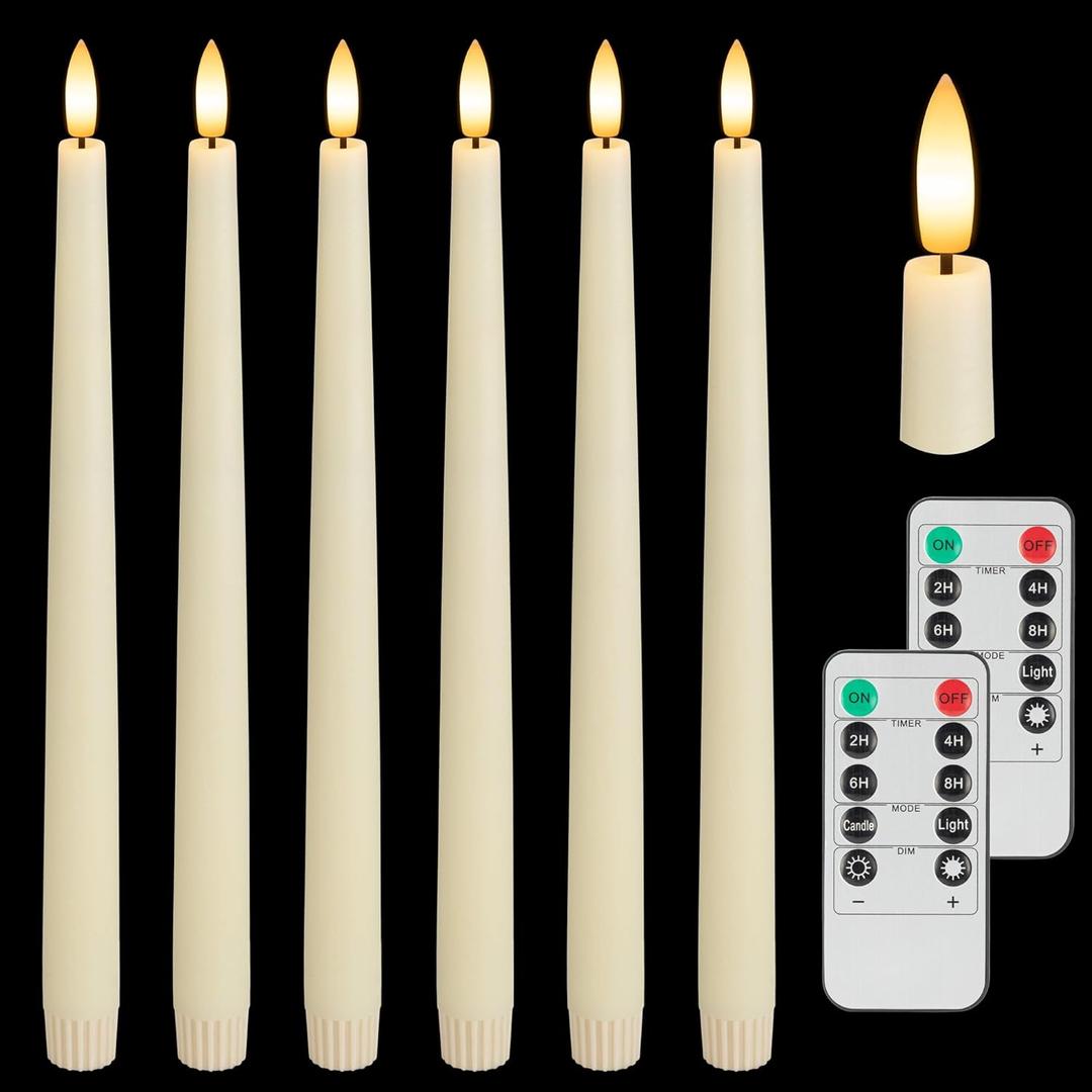 Flameless Taper Candles with 3D Wick, 11.4" Real Wax LED Candles with Remote and Timer, 6 Pack Flickering Candlesticks Battery Operated (Ivory) (6 Pack Ivory)