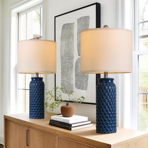 USumkky 27" Ceramic Table Lamps Set of 2 - Modern Farmhouse & Boho Style, Bedside Nightstand Lamps for Bedroom, Living Room End Table Lamps, Small Desk Lamp(Blue)