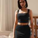 LAGSHIAN Women's Square Neck Sleeveless Tank Top Stretch Mini Skirt Summer Sexy 2 Piece Club Dress (Black)